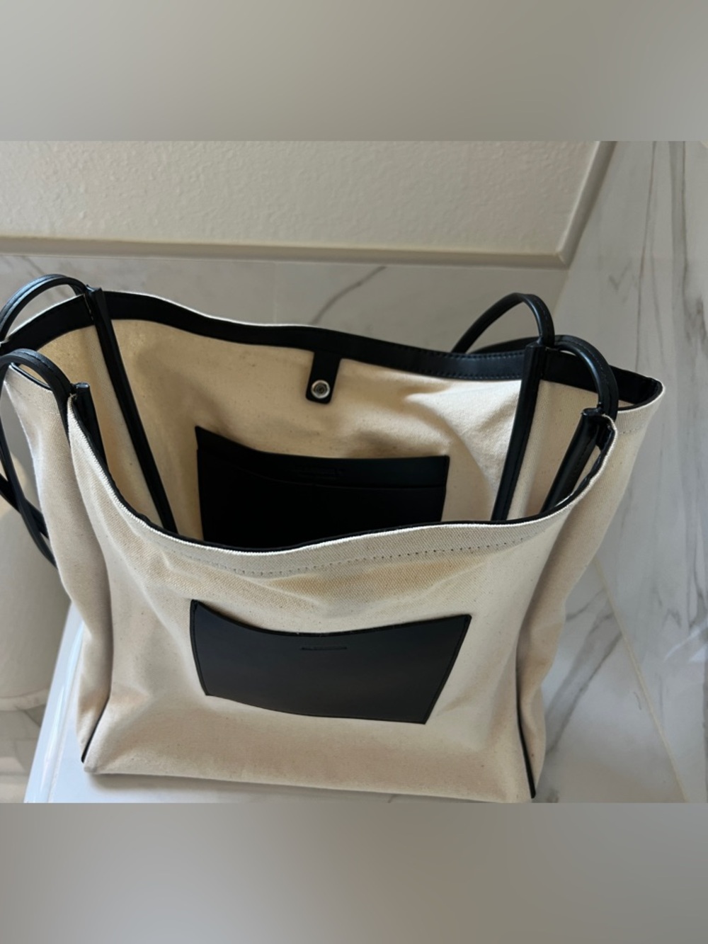 Canvas Tote Bag with Black leather Accents - Picture 2 of 3